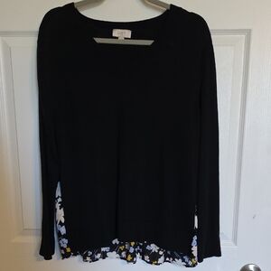 LOFT Black Pullover with Floral Hem Insert